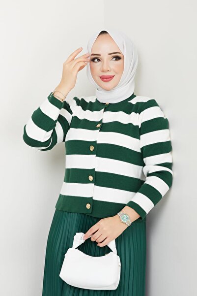Miraydın Butik Women's Button Detailed Striped Skirt Top Knitwear Cardigan Green Hijab