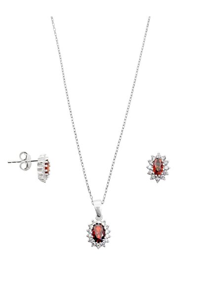oya silver Mini Beyaz Işıltı Çevrili Lal Taşlı Oval Kadın Kolye Küpe Gümüş Set