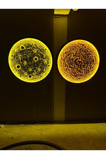 Moon 90 cm dolunay ve güneş tablo amber renk dolunay çerçeve rengi inci beyazı set halinde kumandalı