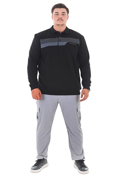 marufshop Men's Oversized Size Suitable for up to 158 Kilograms Wide Fit Printed Polo Neck Thessaloniki Sweatshirt