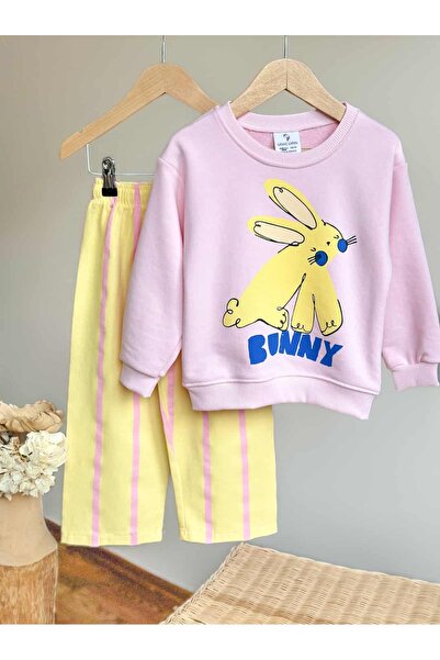 Pinkitokids Bunny Pink Sweatshirt and Striped Woven Pants Set