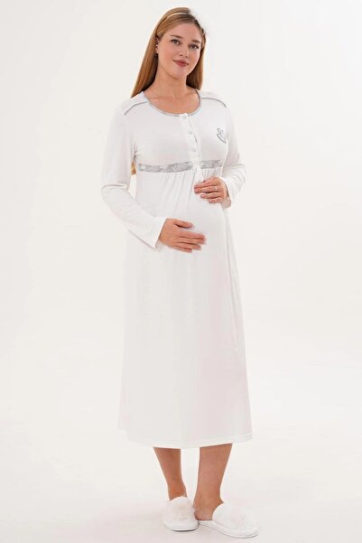 BLACKMORE Women's Gray Ribbed Winter Cotton Maternity Nightgown-Robe Set of 2
