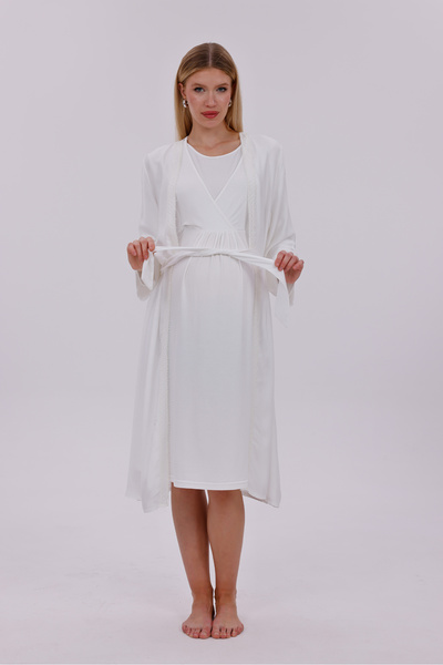 Lohussa Γυναικείο Σετ Νυχτικό Μακρυμάνικο Εκρού με διπλό λαιμόκοψη, Ειδικού Σχεδιασμού, Μητρότητας και Εγκυμοσύνης