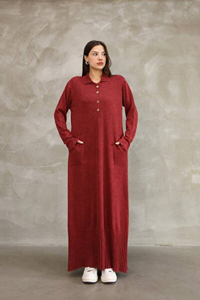 AYASOFYA OTANTIK Women's Burgundy Buttoned Shirt Collar Long Sleeve Distressed Detail Loose Cotton Knit Long Dress