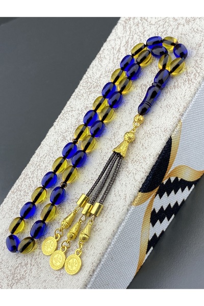 Tesbih Store سبحة مروحية صفراء باللون الأزرق الداكن من العنبر الناري