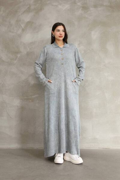 AYASOFYA OTANTIK Women's Gray Buttoned Shirt Collar Long Sleeve Distressed Detail Loose Cotton Knit Long Dress