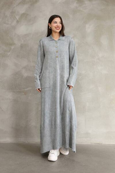 AYASOFYA OTANTIK Women's Gray Buttoned Shirt Collar Long Sleeve Distressed Detail Loose Cotton Knit Long Dress