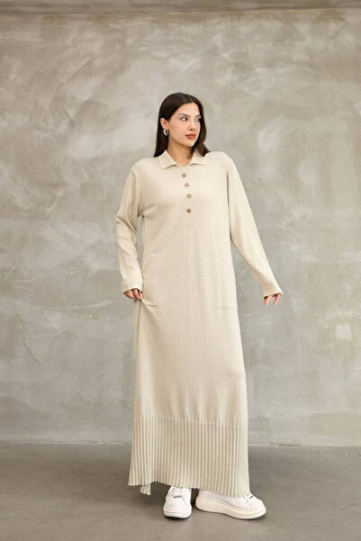 AYASOFYA OTANTIK Women's Beige Buttoned Shirt Collar Long Sleeve Distressed Detail Loose Cotton Knit Long Dress