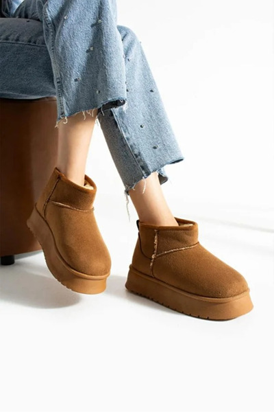 E&C Suede Women's Winter Home and Outdoor Boots Slippers Ug Model High Thick Soled Winter Wool Inside Furry