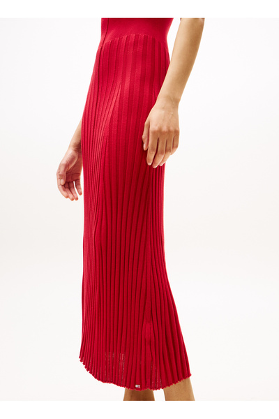 Tommy Hilfiger Yuvarlak Yaka Düz Kırmızı Uzun Kadın Elbise WW0WW45653XLD