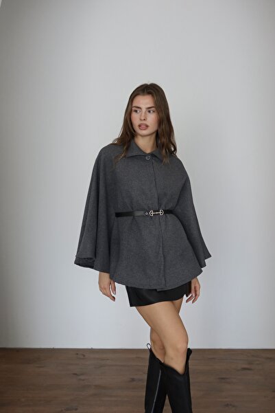 BY SE'MAS WEAR Casual Kemerli Kaşe Pelerin Panço