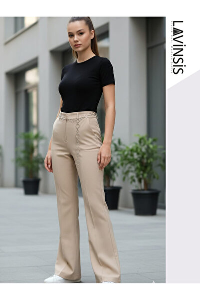 lavinsis Yüksek Bel İspanyol Paça Kadın Pantolon Krem