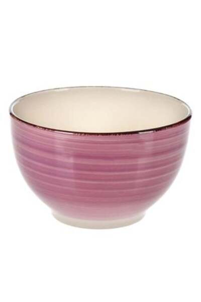 SHOPIENS Ceramic Bowl Lilac Beige with Horizontal Stripes & Brown Edge 850 ml