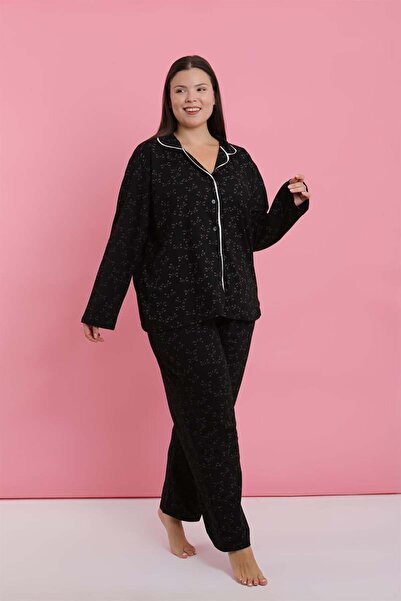 modaserdem Mdsrdm Women's Plus Size Black and White Piping Patterned Buttoned Pajama Set