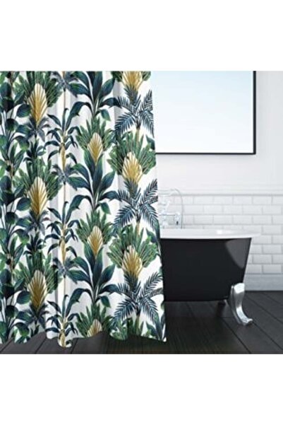 SHOPIENS White Shower Curtain with Large Green Tropical Leaves 180 x 180 cm