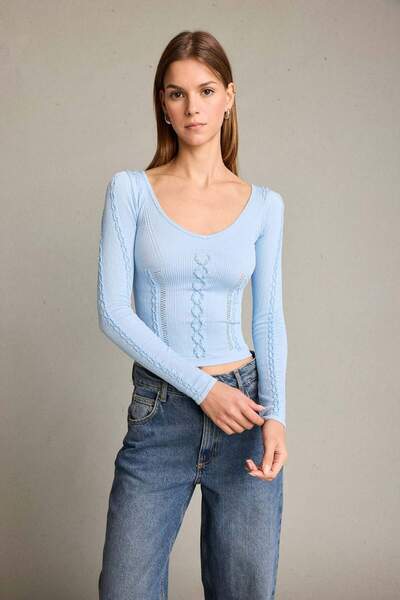 DeFacto Fitted V Yaka Uzun Kollu Tişört G5058AX25WN