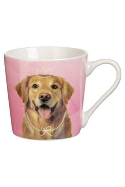 SHOPIENS Pink Triangular Ceramic Mug with Labrador and Crown Pattern 410ml