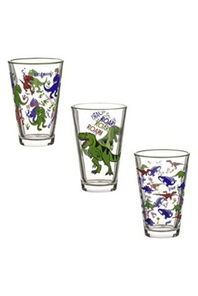 SHOPIENS Set de 3 pahare de sticlă cu design dinozaur pentru copii 300 ml