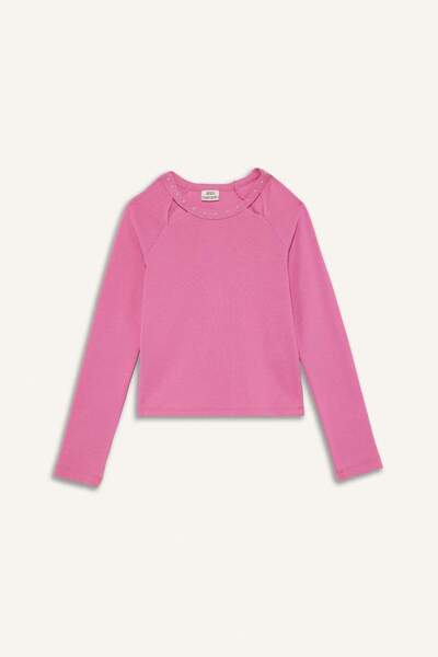 DeFacto Κοριτσίστικο μπλουζάκι εφαρμοστό με λεπτή εφαρμογή με πέτρινο λαιμόκοψη κοτλέ πλέξη ριμπ μακρυμάνικο μπλουζάκι G2550A825AU