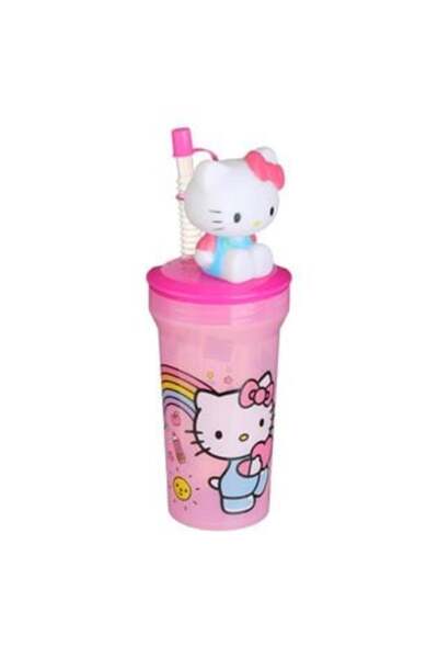 SHOPIENS Pahar de plastic roz cu pai și model 3D Hello Kitty 400ml
