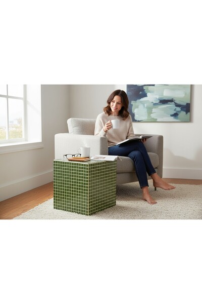 Aurelya El Yapımı Mozaik Küp Sehpa – Yeşil Seramik Desenli Modern Yan Sehpa (40x40cm)