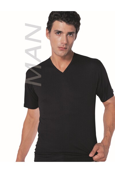 GUNERI UNDERWEAR قميص داخلي رجالي أسود برقبة على شكل حرف V مصنوع من القطن بنس...