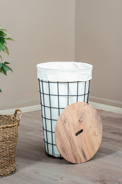 EVLE Dekoratif Yuvarlak Çamaşır Sepeti Metal Gövdeli Bez Torbalı Kirli Sepeti