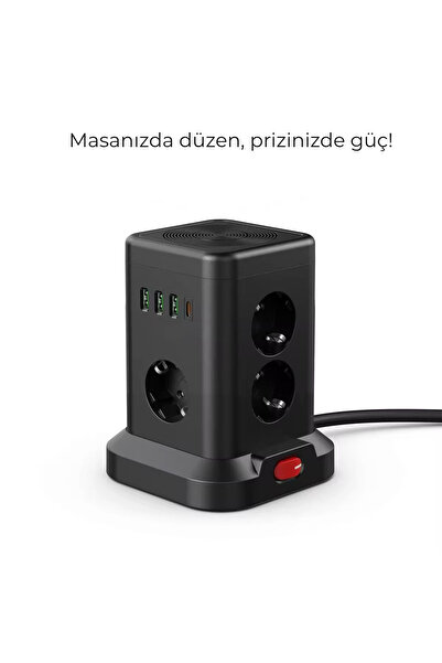 SMAYLİNG 3 USB-A + 1 Type-C Çıkışlı Kule Tipi Akım Korumalı Çoklu Priz – Tek Tuş Kontrol, Kompakt Masaüstü