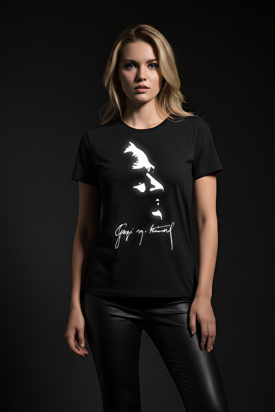 Angels Passion Reflektörlü Atatürk Baskılı (Silüet) T-Shirt - Gazi Mustafa Kemal İmza Detaylı - Karanlıkta Yansır