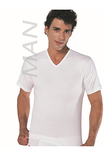 GUNERI UNDERWEAR Men's White V-Neck Ribbed Undershirt 100% Cotton Undershirt ...