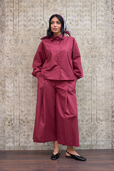 KÜÇÜĞÜM BUTİK Burgundy Poplin Shirt and Pleated Poplin Trousers Two-Piece Set (Shirt-Trousers)