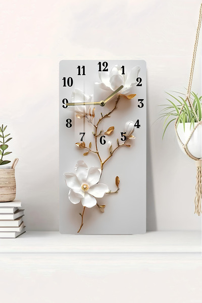 kutuTR Beyaz Çiçek ve Altın Dal Desenli Temperli Cam Tablo Saat 30×60 cm HD U...