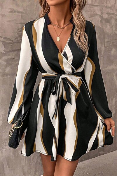 Mossta Double Breasted Collar Patterned Short Modal Dress - Black