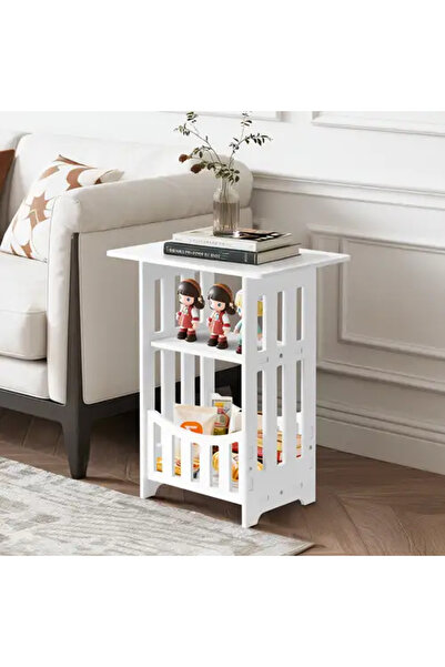 MARIA HOMES 3-tier Bedside Table with Storage Shelf Basket, Slim Coffee Table, Nightstand for Living Room