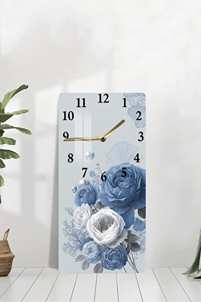 kutuTR Mavi Beyaz Gül Desenli Temperli Cam Tablo Saat 30×60 cm HD UV Baskı– CUSD237