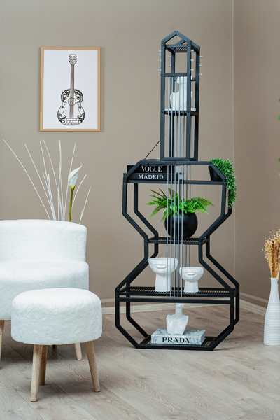 EVLE Gitar Tasarımlı Metal Kitaplık, 5 Raflı Dekoratif Raf Ünitesi, Müzik Temalı Salon Standı