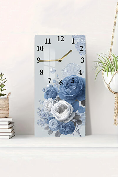 kutuTR Mavi Beyaz Gül Desenli Temperli Cam Tablo Saat 30×60 cm HD UV Baskı– C...
