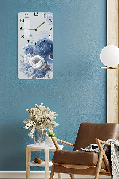 kutuTR Mavi Beyaz Gül Desenli Temperli Cam Tablo Saat 30×60 cm HD UV Baskı– CUSD237
