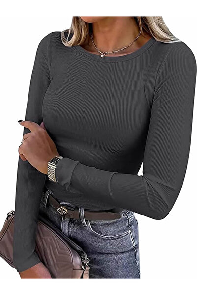 Şiir Makeni Γυναικείο μπλουζάκι με μακρύ μανίκι, ελαστικό κορσέ, μακρυμάνικο, με λαιμόκοψη - καπνιστό