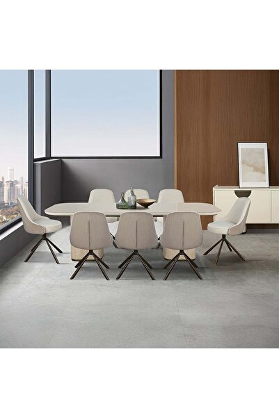 Danube Home Oru 1+8 Tempered Glass Dining Set - Cream/Beige, Engineered Wood,...