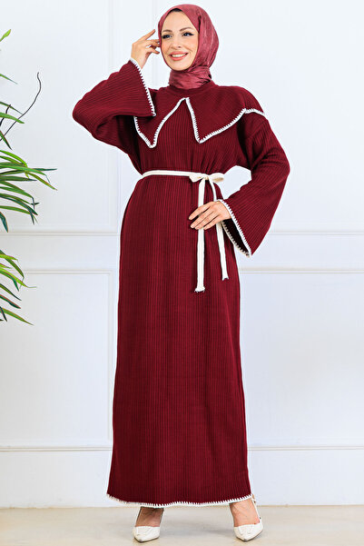 benguen Πλεκτό φόρεμα με λεπτομέρεια γιακά K3036 Βουργουνδία