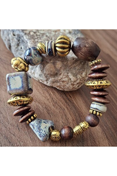 azra takı tasarım Handmade Authentic Coffee-Toned Elastic Misinal, Wooden and Ceramic Women's Bracelet