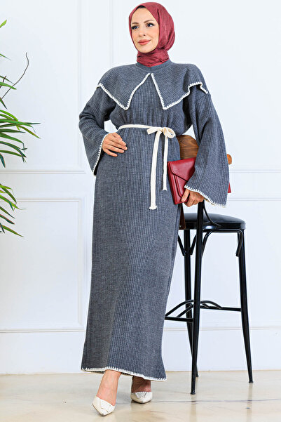benguen Collar Detailed Knitwear Dress K3036 Anthracite