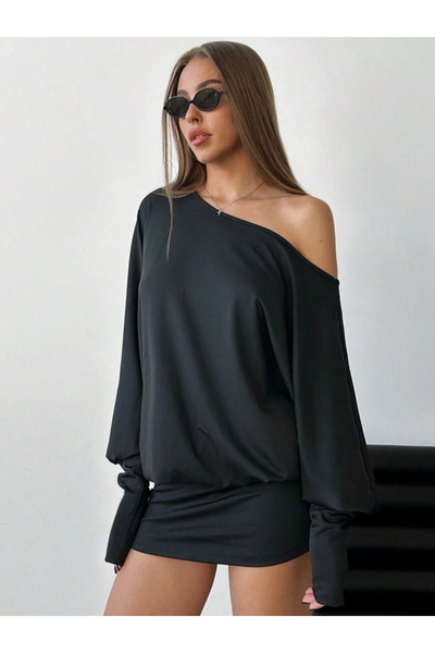 npLStore Women's Off-The-Shoulder Boat Neck Asymmetrical Neckline Long Sleeve Flowy Tight Mini Chic Dress