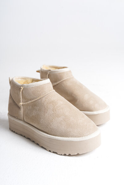 LUFENS Lara Kadın Kışlık Kalın Taban İçi Kürklü Süet Krem Yarım Bot