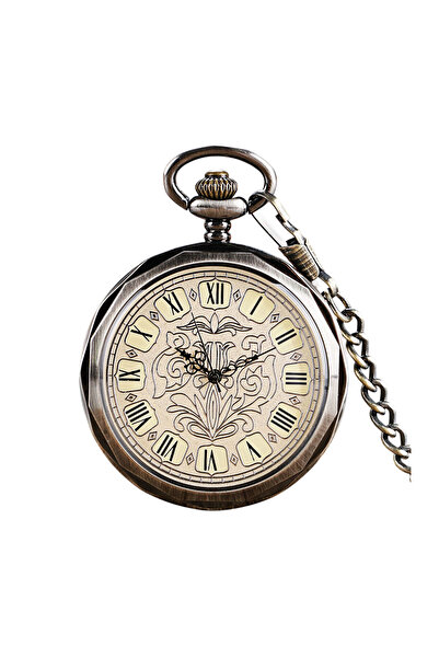 Gorben Ceas de buzunar din bronz PM009 - Schelet antic, mecanic, cifre romane. Lanț retro vintage.