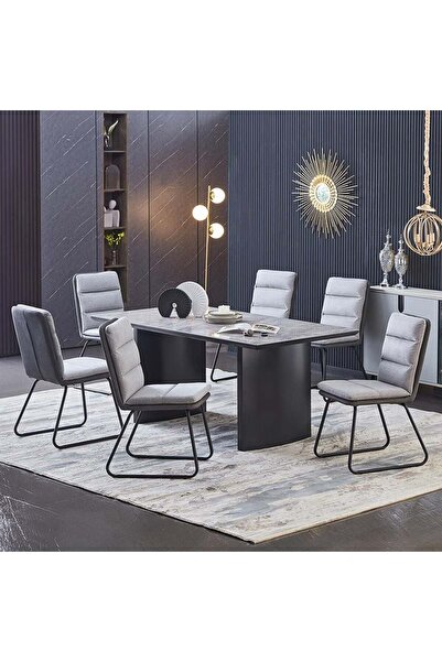 Danube Home Arseni 1+6 Dining Set - Elegant Grey Sintered Stone Table & 6 Comfortable Chairs, Durable Design