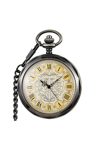 Gorben PM008 Pocket Watch Black - Antique Skeleton, Mechanical, Roman Numeral, Vintage Retro