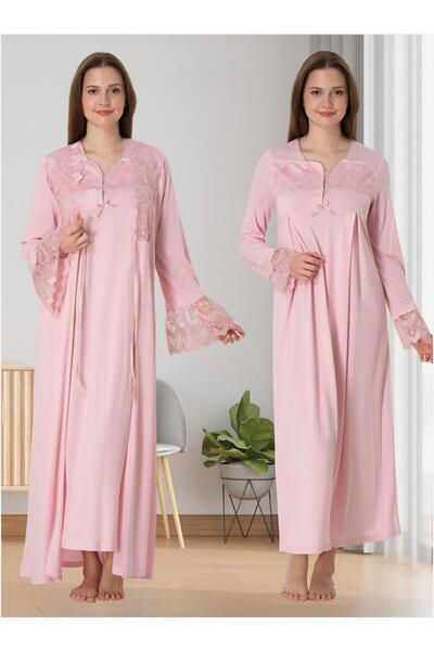 PREGNANT WORLD Women's Pink Lace Cotton Full Length Long Sleeve Maternity Nig...