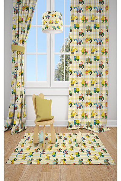 BelezaHome ستارة خلفية لغرفة الأطفال ذات طابع آلات البناء ذات اللون الأصفر المزخرف بقطعتين